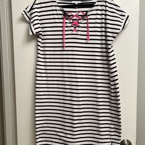 Talbots casual Black and White Dress with cute Pink drawstrings.
